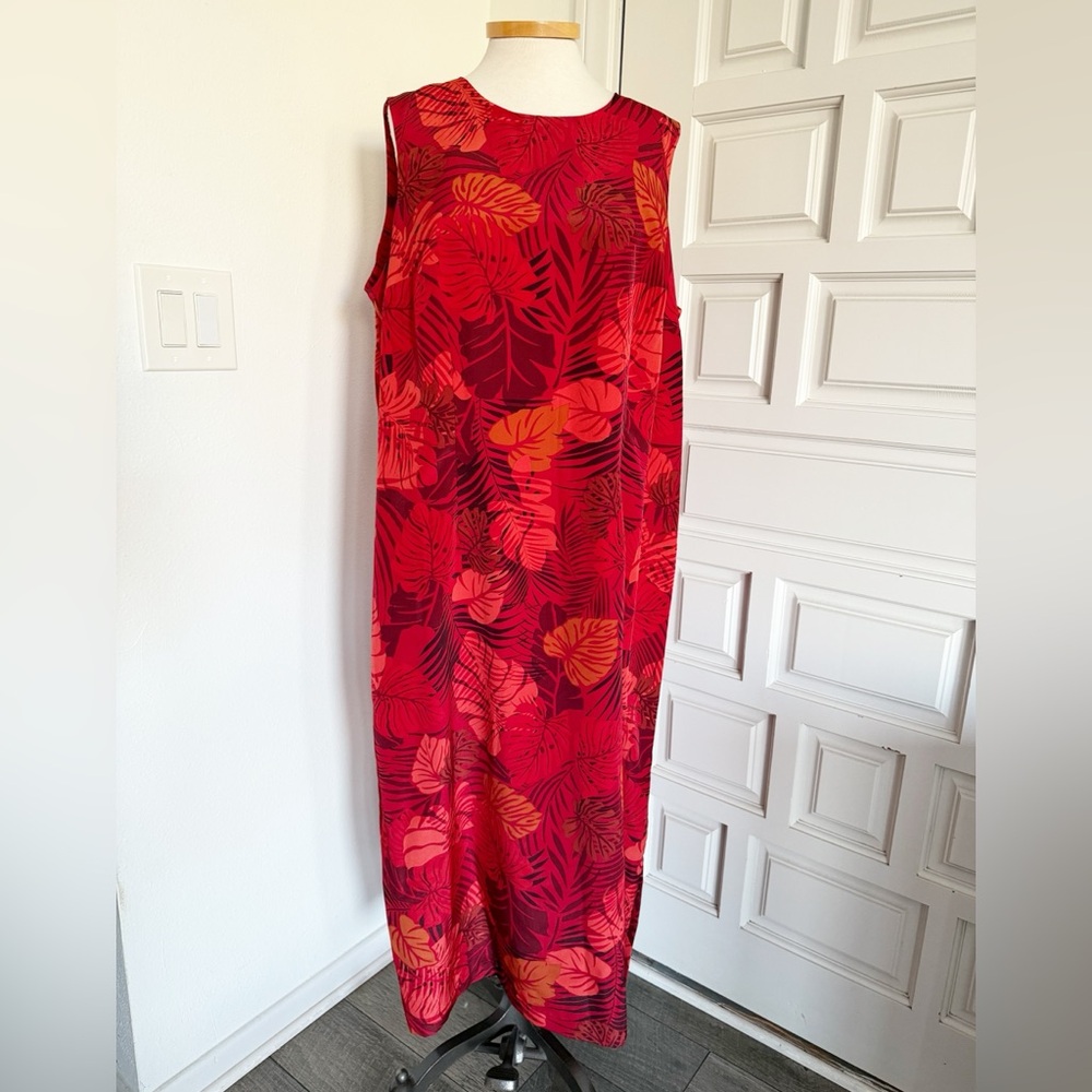 R&K Originals Woman Vintage Maxi Sundress Red Tropical Leaf Pattern Size 18W